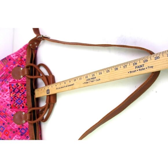 ROOMY HANDCRAFTED MULTICOLOR PINK KILIM BROWN LEATHER TRIM SHOULDER BAG HANDBAG - Picture 14 of 14
